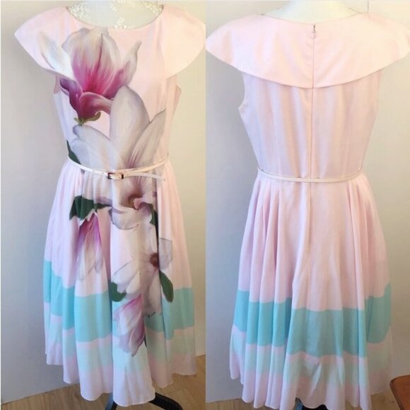 TED BAKER Bromlie Fit & Flare Flowy Dress Pink Magnolia Print TB Sz 4 is US 8-10 - Picture 6 of 16